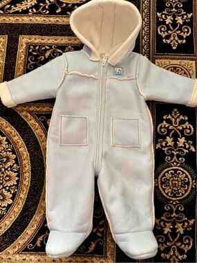 NEW! BabyWorks Light Blue Fleece Hooded One-Piece for Infants. Size 3-6 Months